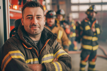 Firefighters at the fire station, with confident firefighter standing with arms crossed, looking at the camera with a team in the background