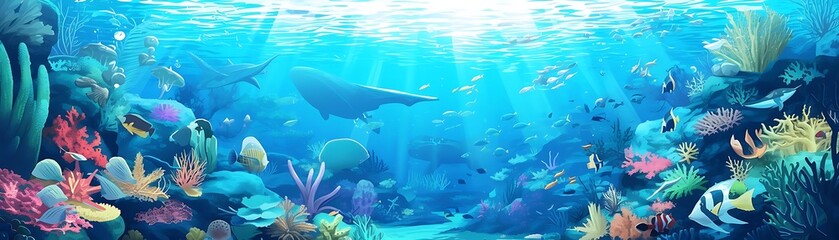 Obraz premium a diverse group of fish, including white, blue, yellow, and orange varieties, swim in a vibrant blue underwater world