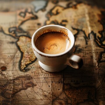 coffee cup on world map