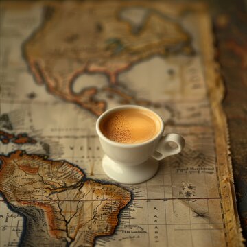 a cup of coffee sits on top of an old map