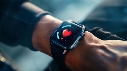 A person wears a smartwatch with a heart rate monitor displayed on the screen.