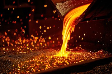 Industrial pouring of molten metal from metal pipe in close up shot in foundry setting