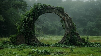 Close-up of a giant overgrown ring, Stargate door, covered in vines, situated in a lush green field, ancient and mystical