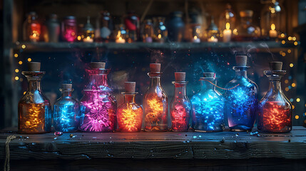  A collection of eerie, glowing potions on a wooden shelf in a dark room.