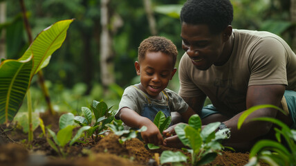 Kids Learning Tree Planting from His African Dad in the Garden
