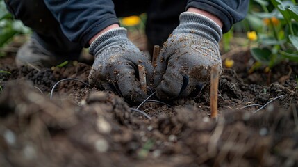 Close-up installation process, fiber optic cables in soil, visible lines, earthy textures, hands in gloves, natural light