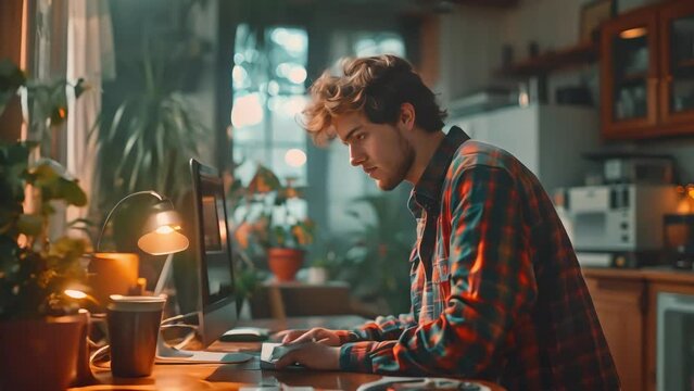 a man is doing business using a computer with a room background