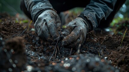 Close-up installation process, fiber optic cables in soil, visible lines, earthy textures, hands in gloves, natural light