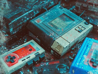 Classic cartridges, vintage gaming, blue abstract backdrop, detailed textures, retro aesthetic