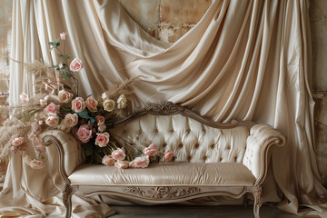 Maternity backdrop, wedding backdrop, photography background with delicate flowers, vintage sofa and vintage wall.
