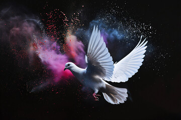 Obraz premium Flying white dove with colorful splash of powder on black background