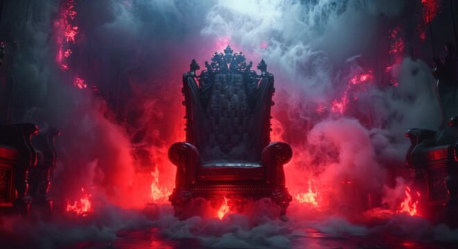 A throne is surrounded by fire and smoke, creating a dark and ominous atmosphere