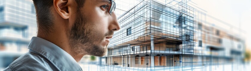Obraz premium Young architect analyzing modern building design with digital overlay and blueprint details, focusing on innovative construction concepts.