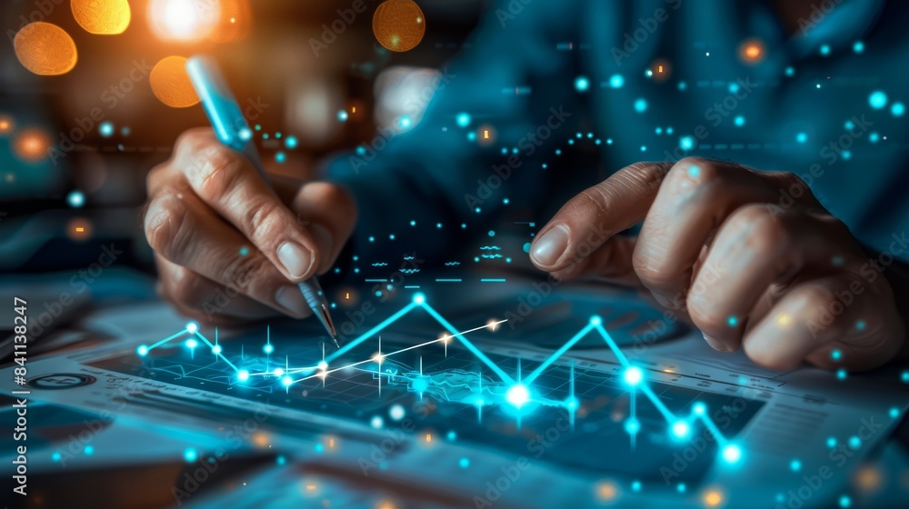 Poster hands analyzing futuristic data on a digital graph with pen. concept of technology, business, financ