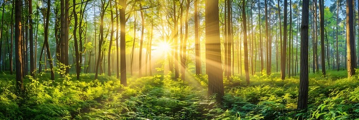 Green forest panorama with sunlight in the middle