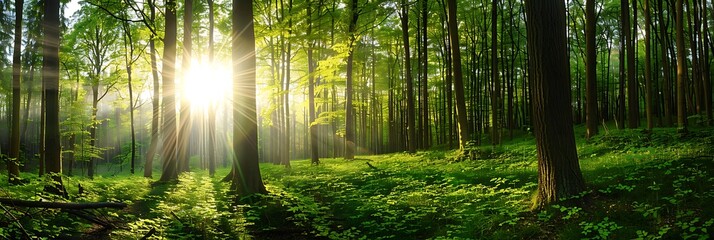 Fototapeta premium Green forest panorama with sunlight in the middle
