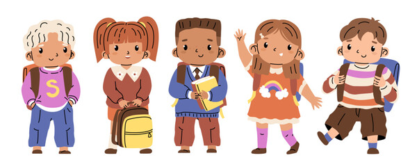Fototapeta premium Set of junior pupil. Small children in bright clothes with backpacks and textbooks. Elementary school student. The first day at school. Vector illustration isolated on transparent background.