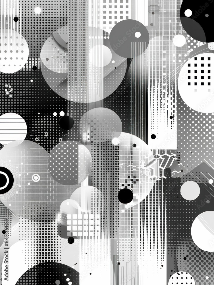 Poster monochrome abstract pattern of circles and dots on black and white background for art and design con