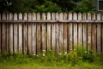 Naklejka premium Wooden fence with bunch of flowers in front of it.