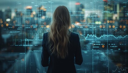 Woman looking at futuristic data overlay on city