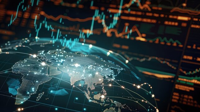 High-tech digital map showing global cryptocurrency trading flows with lines connecting different countries, illuminated on a dark globe