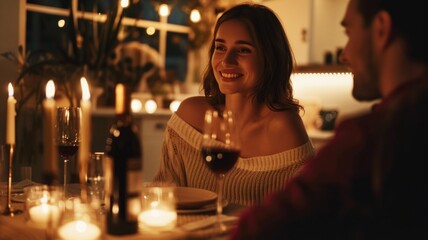 romantic evening at home, a woman in an off-the-shoulder sweater dress enjoying dinner with her partner by candlelight