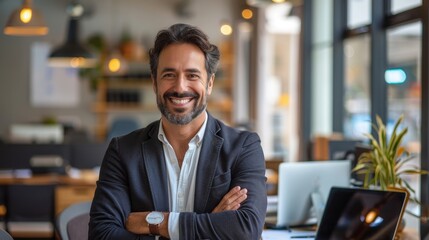 Fototapeta premium Confident businessman in suit standing with arms crossed in modern office.