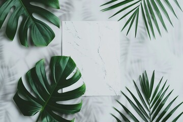 Summer composition. Tropical palm leaves, marble paper blank on pastel gray background. Summer concept. Flat lay, top view, copy space. generative ai