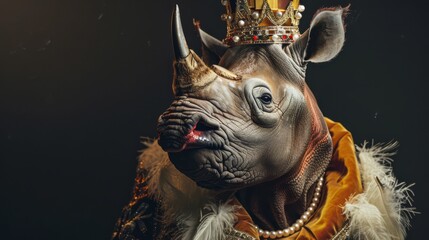 A crowned rhinoceros wearing a luxurious outfit on a black background.