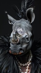 Obraz premium A crowned rhinoceros wearing a luxurious outfit on a black background.
