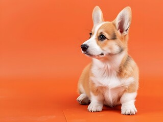 Adorably Cute Puppy Welsh Corgi Sitting Against Plain Tangerine Orange Background