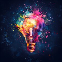 Vibrant Light Bulb with Exploding Colors on Dark Background