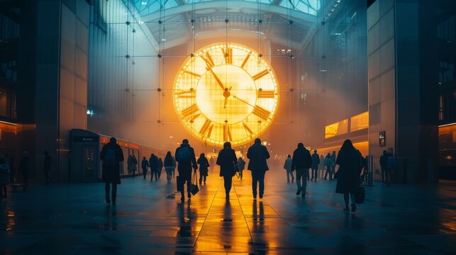 A large clock in a train station with people walking around
