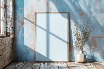 Poster frame mockup on wooden floor created with Generative AI