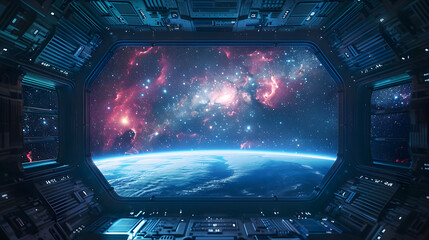 Obraz premium Futuristic space station interior with sleek technology and endless stars visible through the window, floating in the Milky Way, glowing