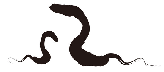 Fototapeta premium 巳年の蛇の親子の年賀状干支素材 黒