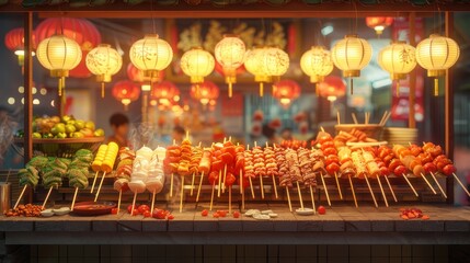 Under the bright lanterns, various of delicious foods are on sale.