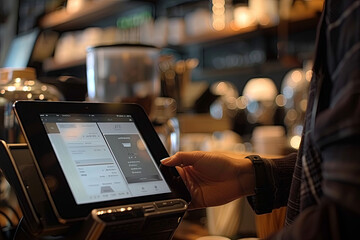 Customer in coffee shop paying using digital tablet reader