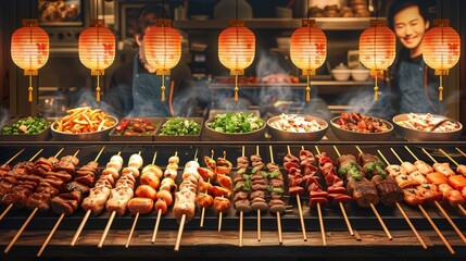 Various delicious meat skewers are grilled on theJia Zi
