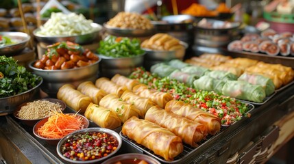 Fototapeta premium Various kinds of Vietnamese spring rolls with dipping sauces and vegetables.