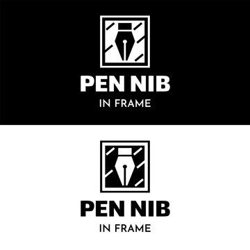 Pen nib in box frame with simple elegant black and white for publishing literacy company logo design