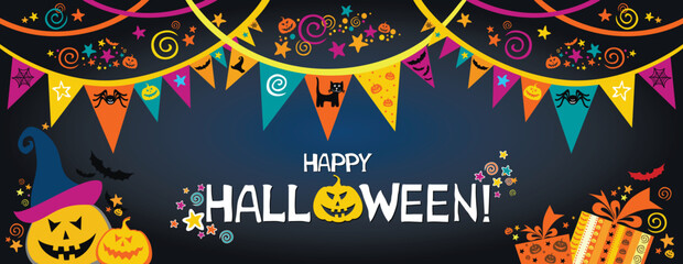 Happy Halloween. Greeting card. Celebration dark background with garland, pumpkin, cat, hat and place for your text. Vector illustration