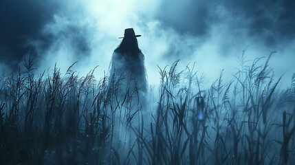 A foggy night with a silhouette of a haunted scarecrow in a cornfield.