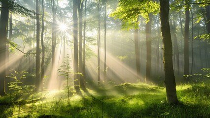 morning sun rays in the forest