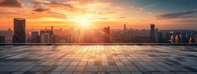 Empty square floor and modern city skyline with buildings at sunset in the city