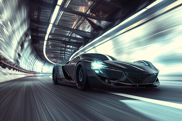 Fototapeta premium Futuristic luxury sports car hovering at high speeds through a modern interior tunnel. Concept