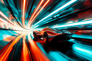 Futuristic luxury sports car hovering at high speeds through a modern interior tunnel, colorful lines