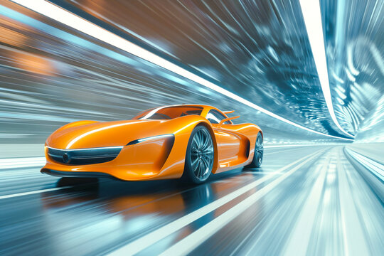 Futuristic luxury sports car hovering at high speeds through a modern interior tunnel. Concept