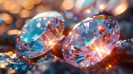 High-Resolution Background Featuring White Diamonds and Gemstones with Rainbow Iridescence and Holographic Foil Effects, Showcasing Sparkling and Crystal-Clear Transparency from Various Angles