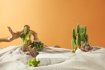 Desert landscape photo on an orange background, many types of cacti planted in the sand, in the...